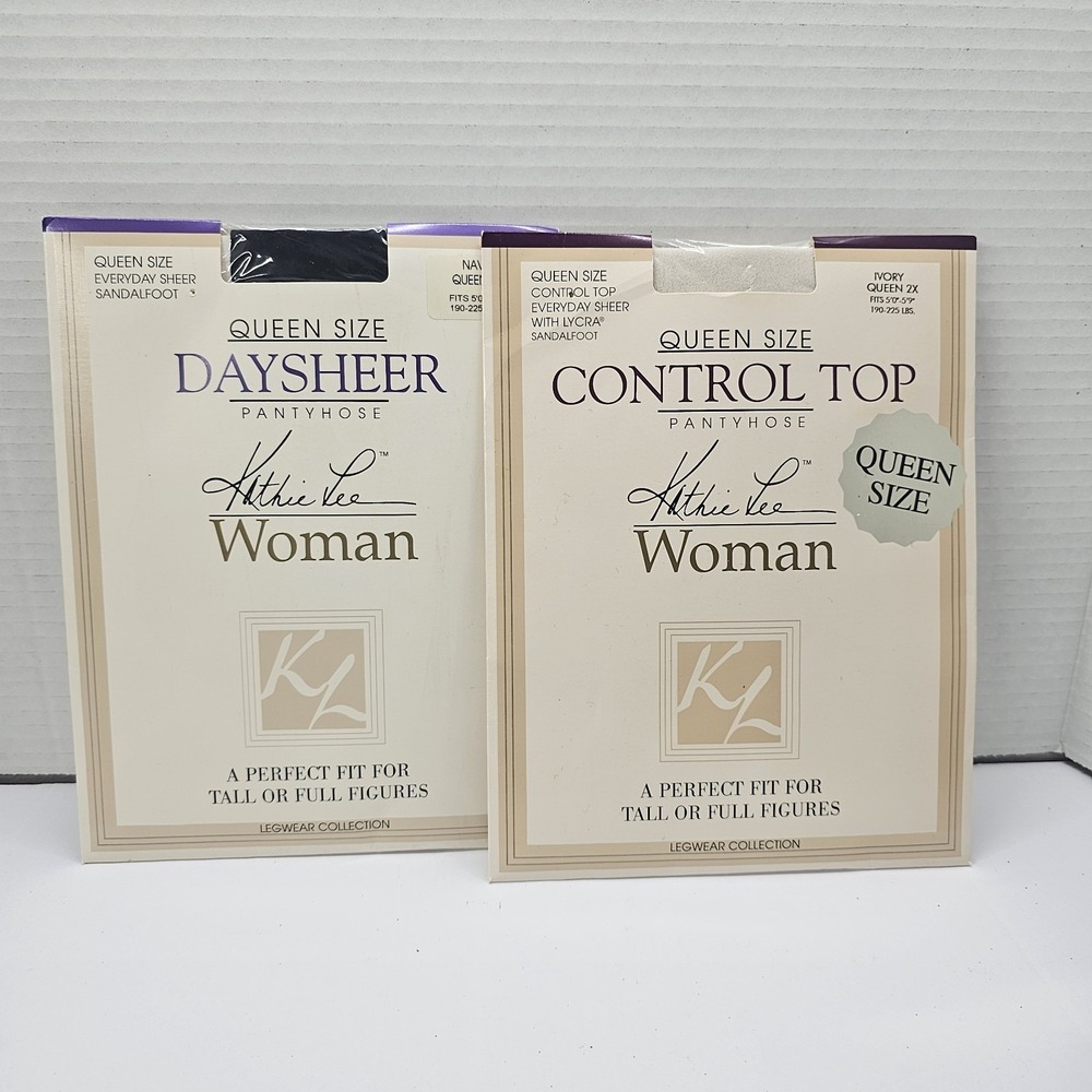 Kathie Lee Queen Size 2X Control Top Pantyhose Ivory & Navy Sandalfoot Sheer New